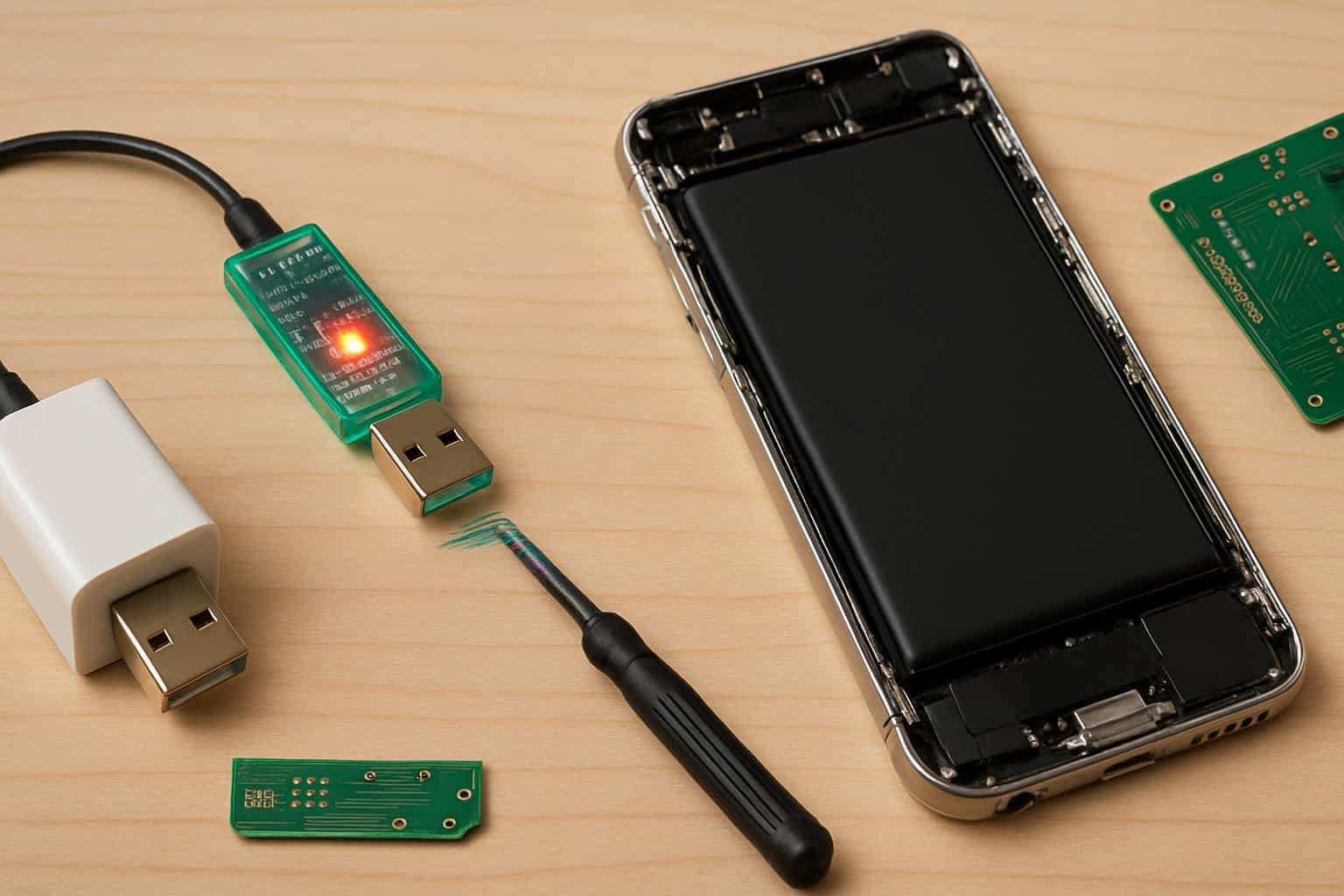Budget  phone repair dongle plugged into smartphone during DIY test