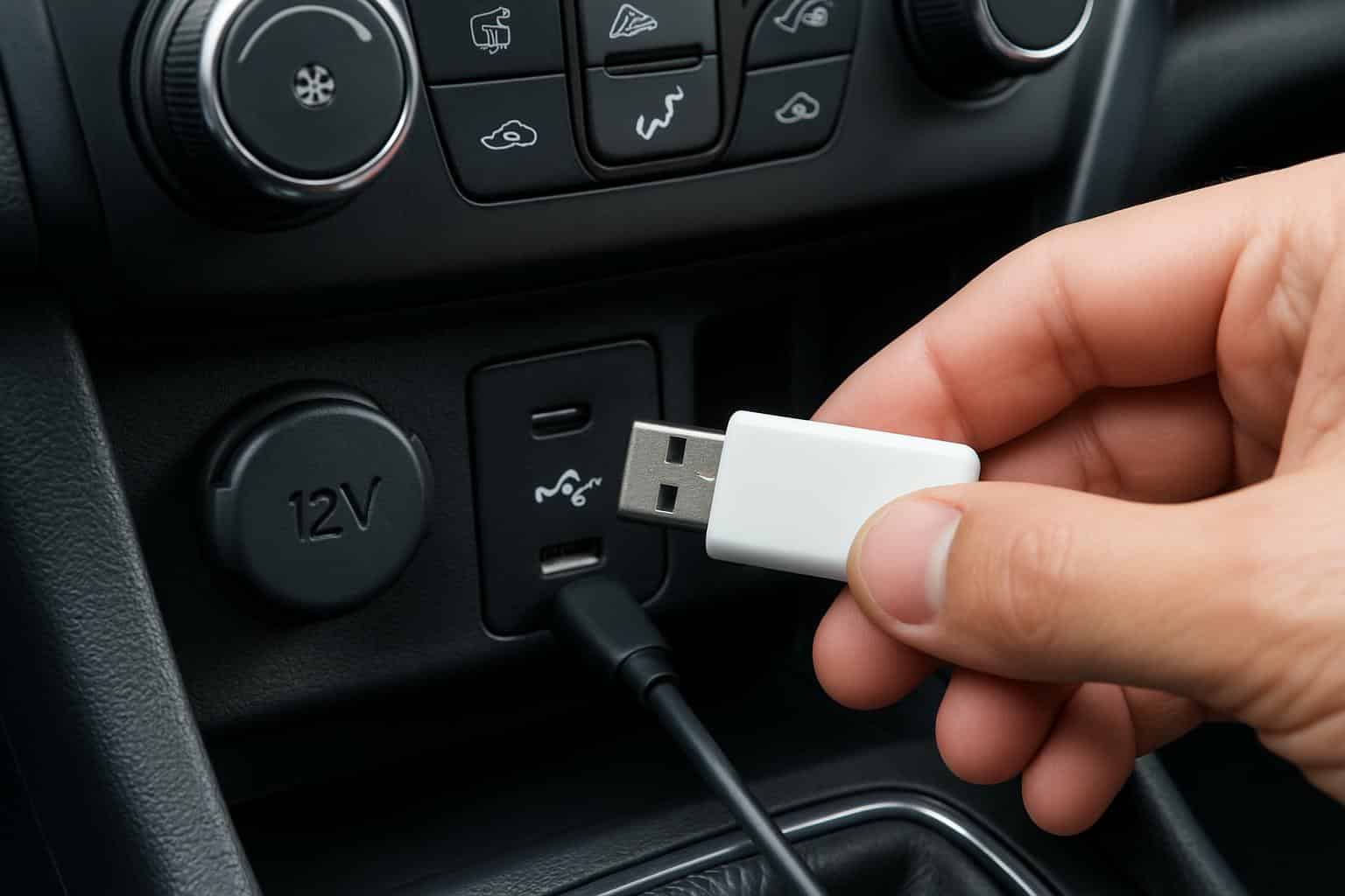 Car USB port with smartphone connected to infotainment system for charging and data
