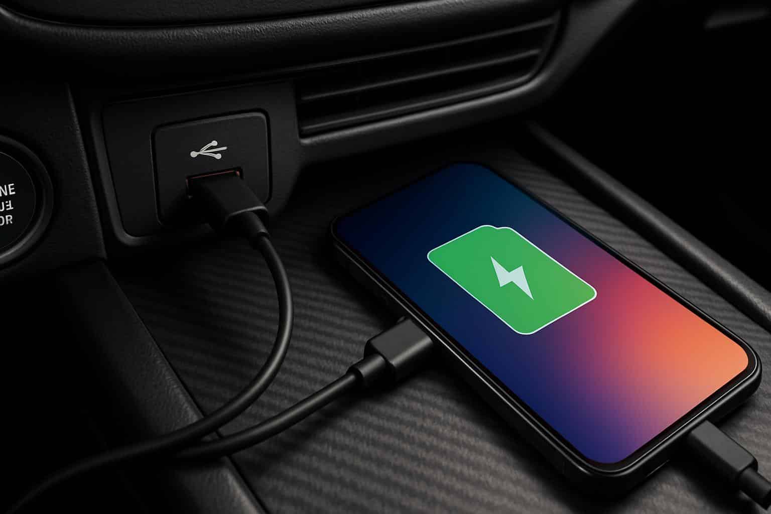 Close-up of car USB port connecting smartphone for charging, CarPlay, and infotainment