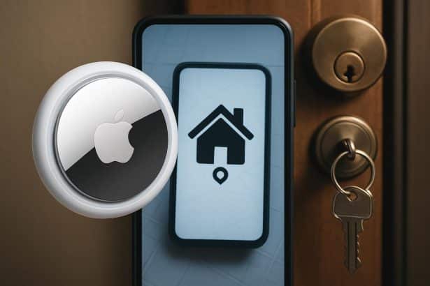 Phone shows AirTag tracking alert by front door, home invasion safety guide