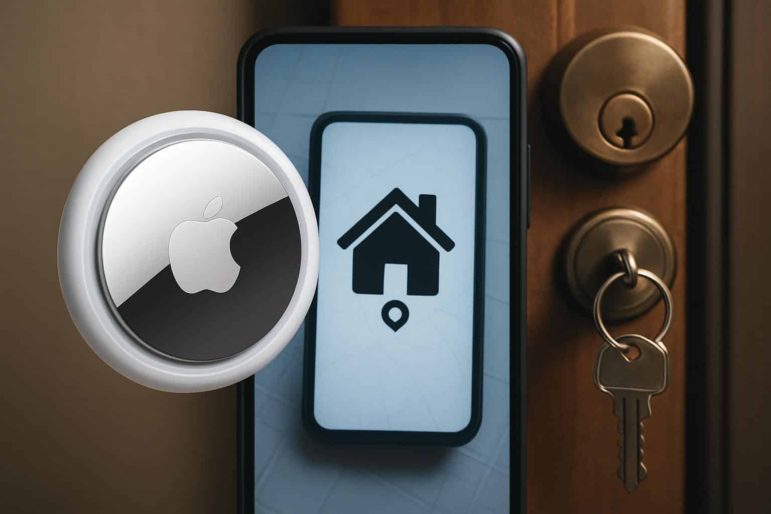 Phone shows AirTag tracking alert by front door, home invasion safety guide