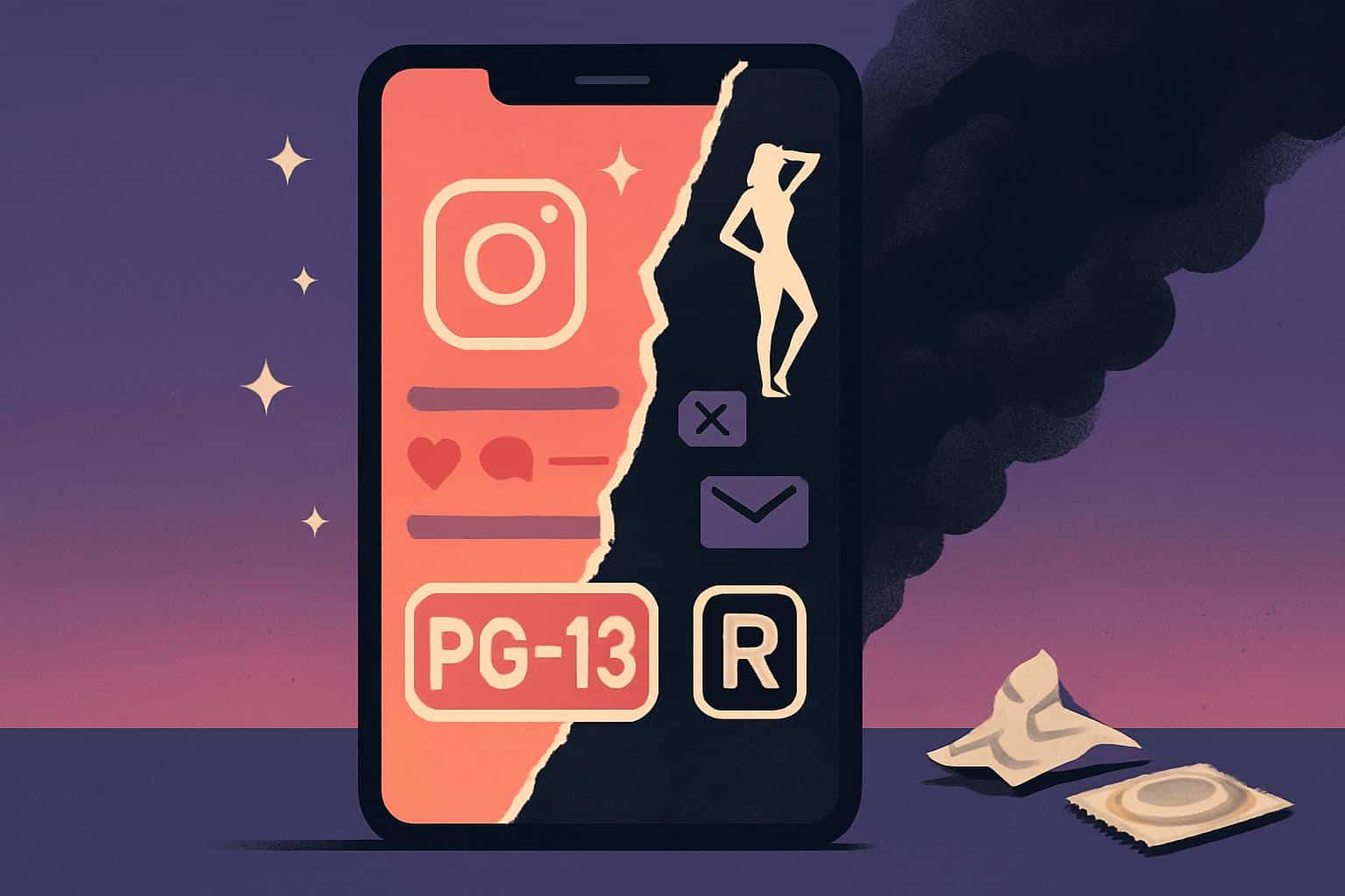 Instagram teen account with R-rated warning and blurred mature content on phone screen