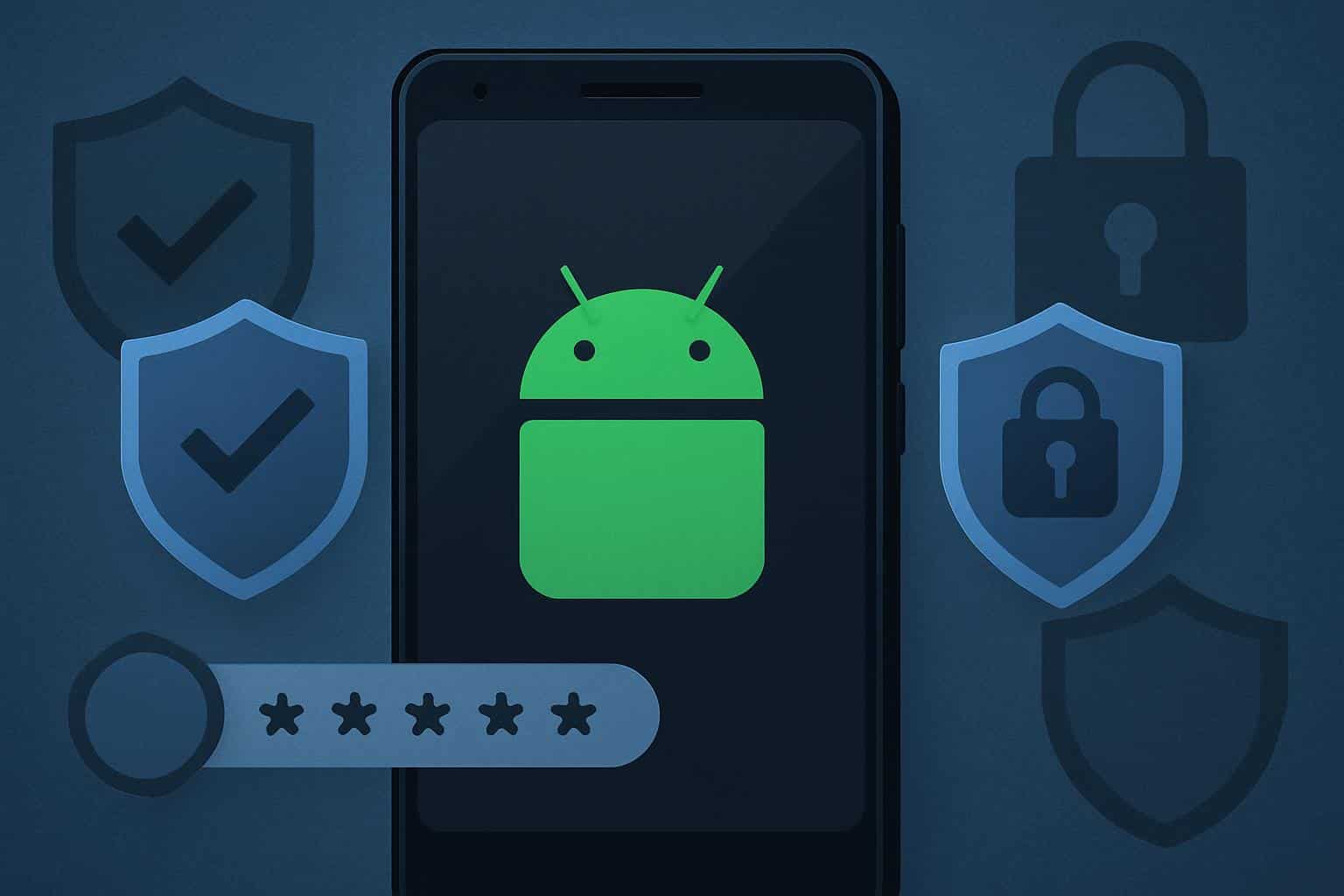 Android 16 security upgrades on smartphone screen with lock and shield icons