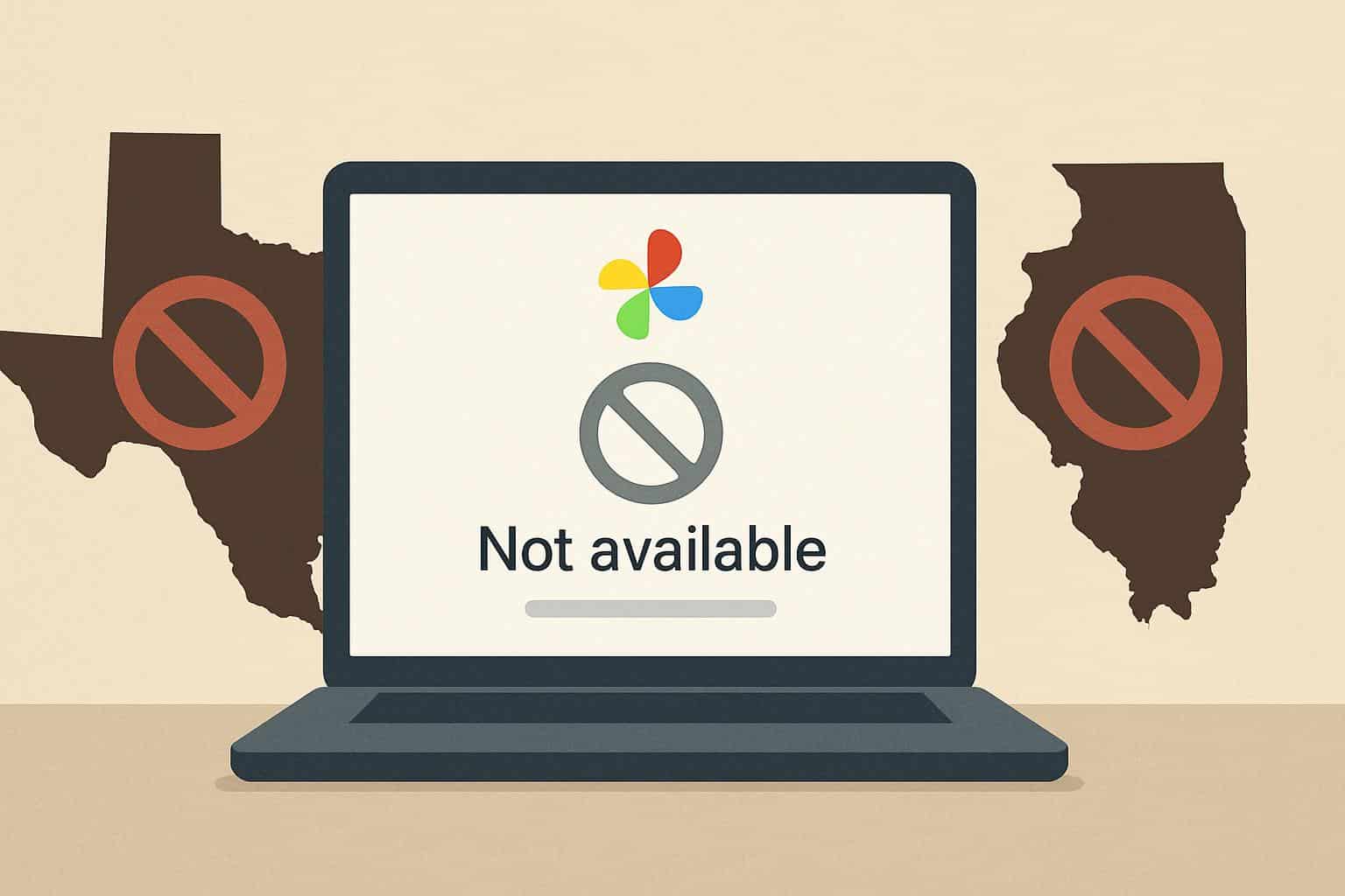 Ask Photos editing tool not available in Texas and Illinois, app UI with lock icon