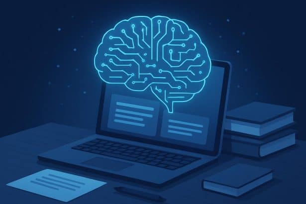 AI-written content on laptop with upward graph, outperforming online writing