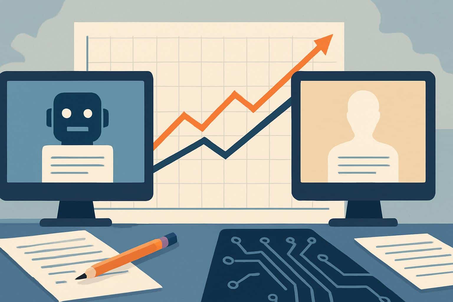 Bar chart and search results showing AI-written content outperforming online writing