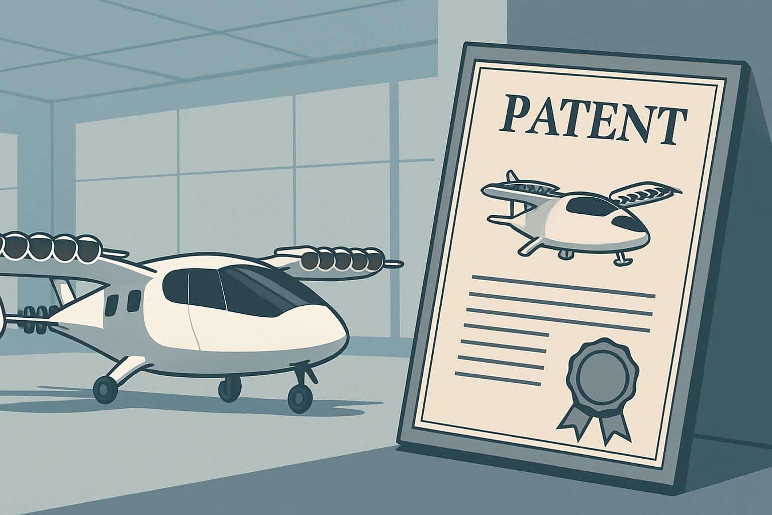 Archer and Lilium eVTOL logos beside patent papers and auction gavel