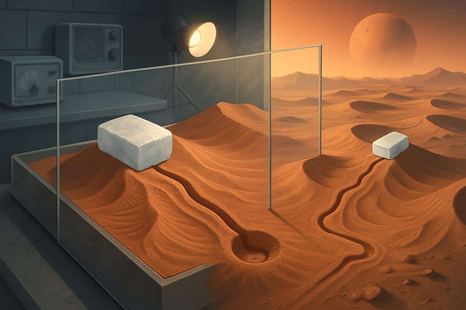 Mars dune gully cross-section next to Earth lab experiment replicating gully formation