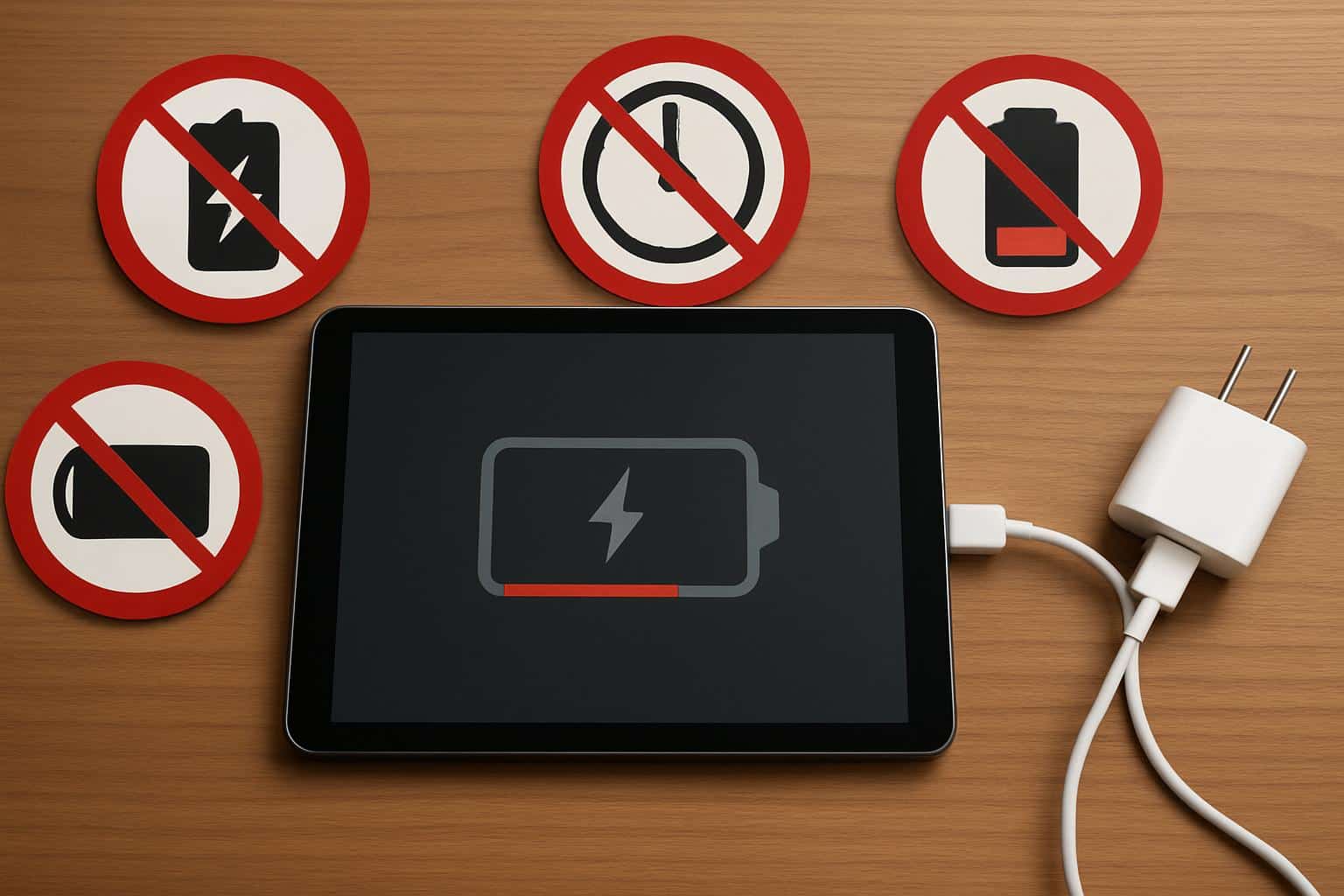 Tablet on charger showing battery warning, highlighting damaging charging habits