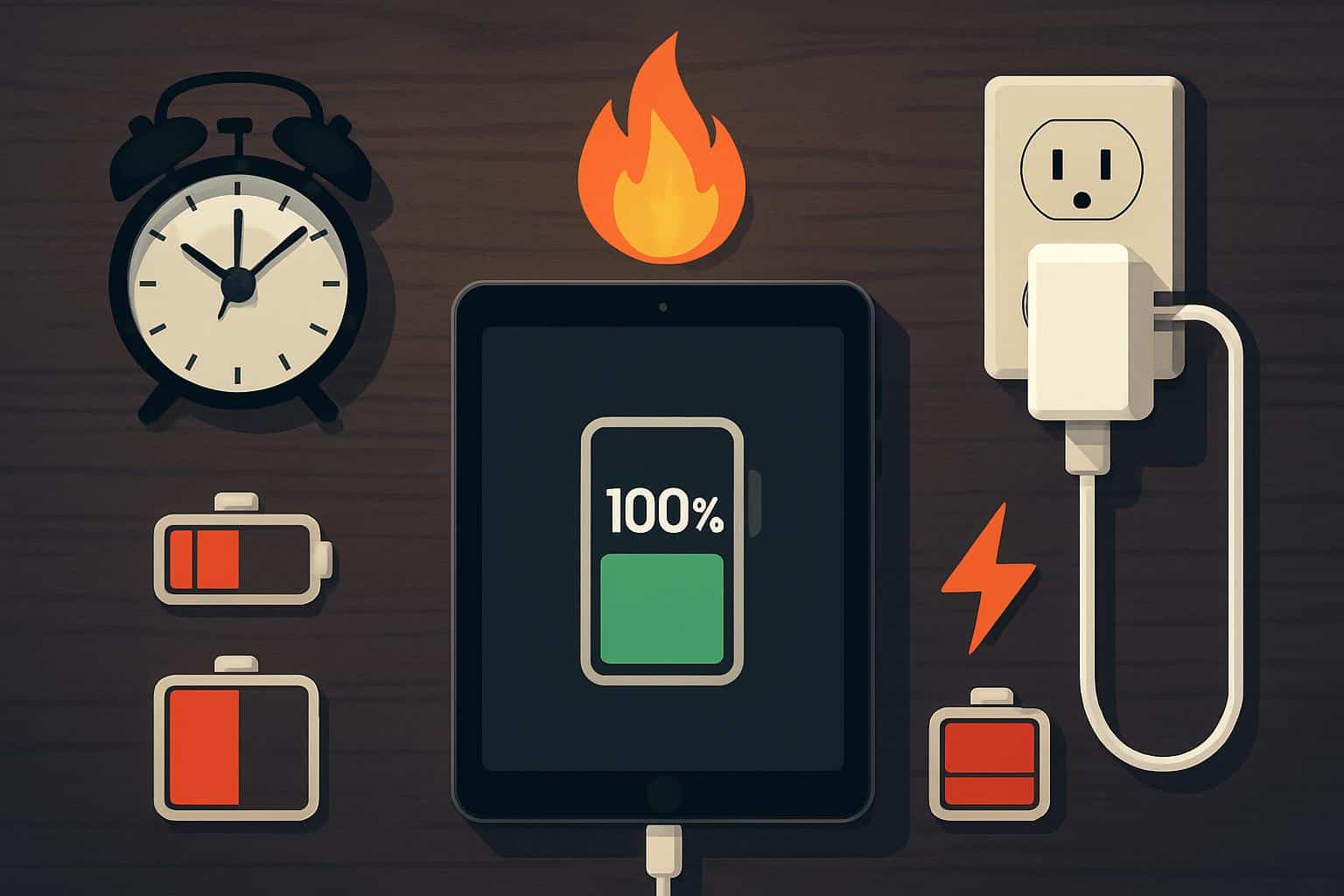 Tablet charging with battery warning, illustrating habits that drain battery life