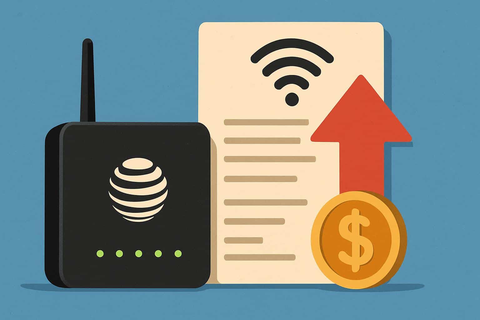 AT&T logo and home Wi‑Fi router with rising dollar sign for  monthly price hike