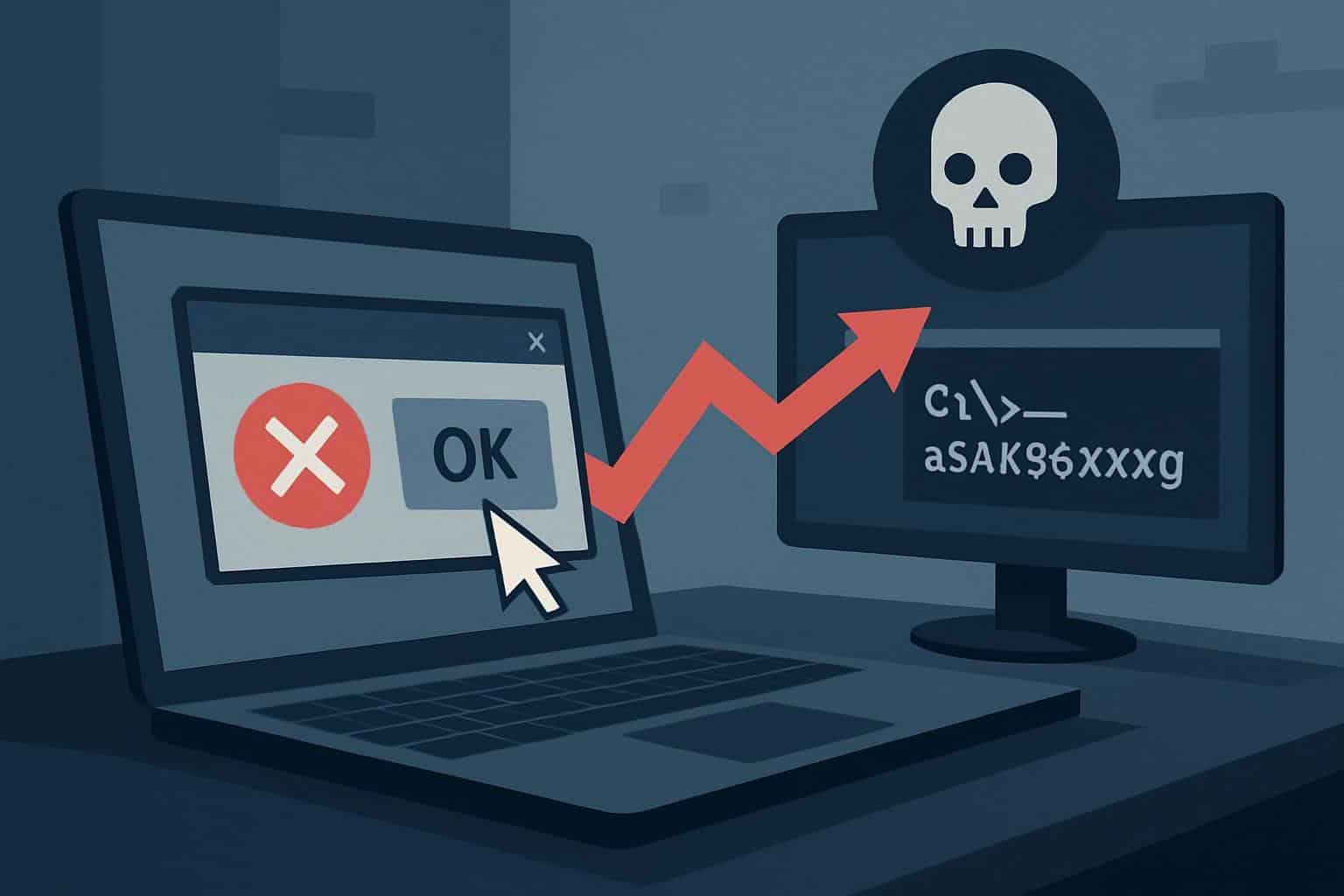 ClickFix attack concept: cursor clicks fake fix button, triggering self-hack on laptop