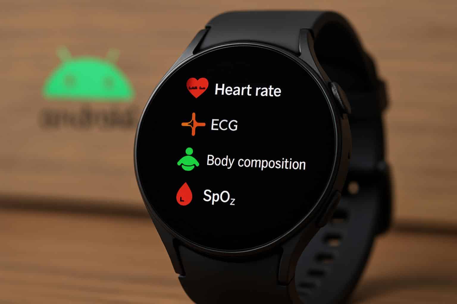 Android smartwatch displaying health tracking metrics with discount tag
