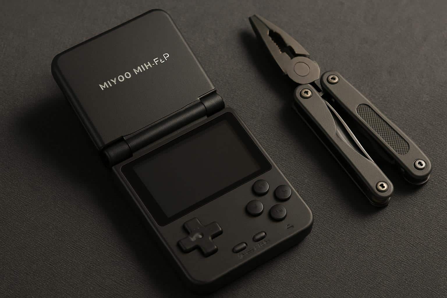Miyoo Mini Flip retro handheld console with clamshell design, pocketable EDC gaming