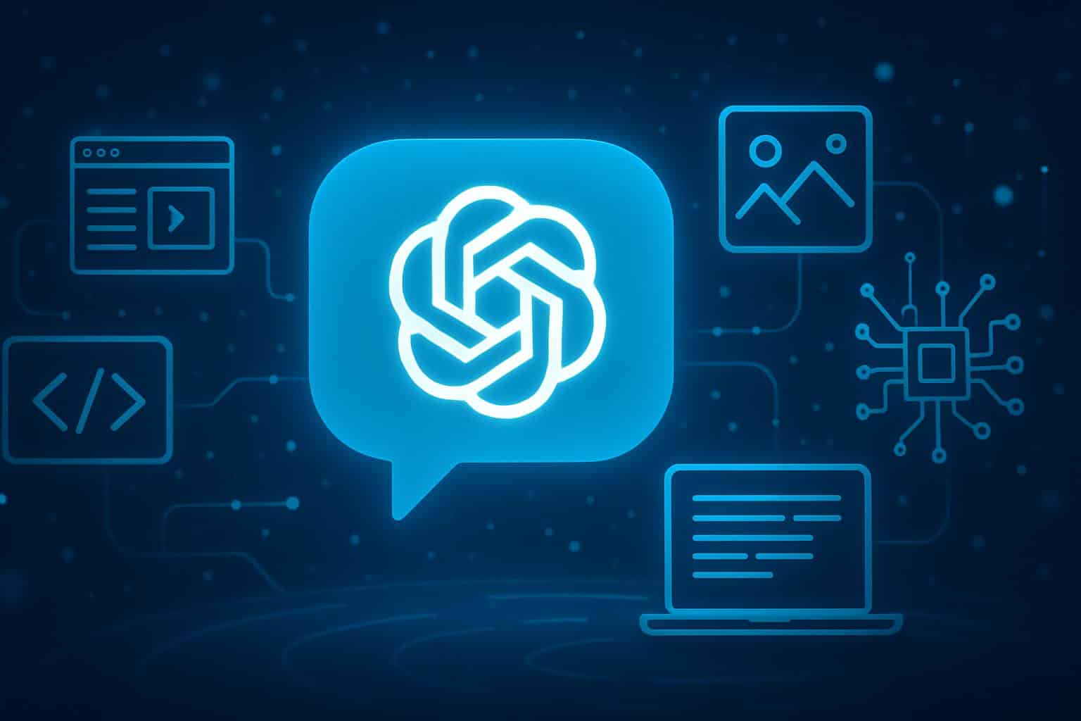 ChatGPT by OpenAI, an AI chatbot interface with chat bubbles on screen