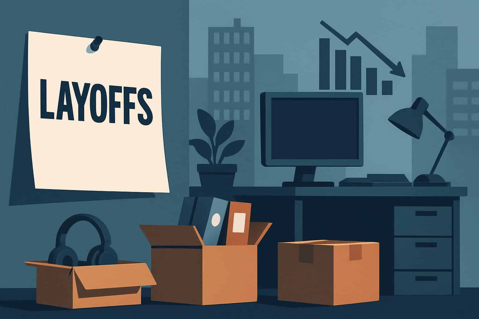 Technology industry layoffs and job cuts symbolized by downward chart and office box