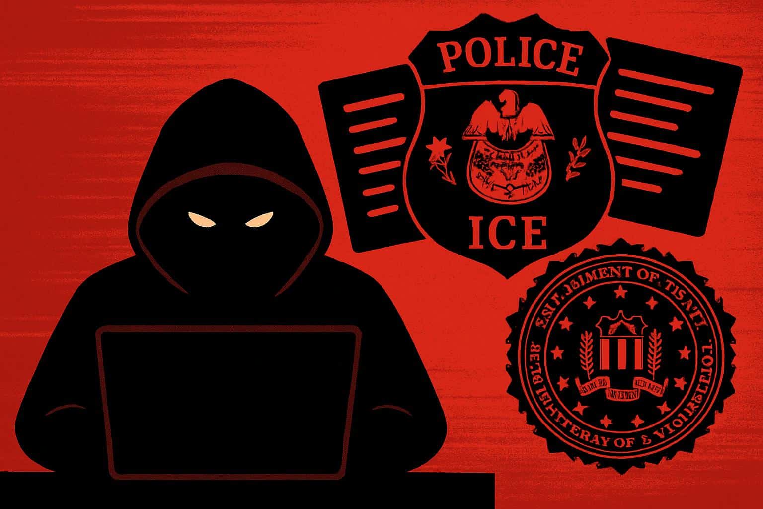ICE and FBI logos over code as hacker collective doxes officials' data