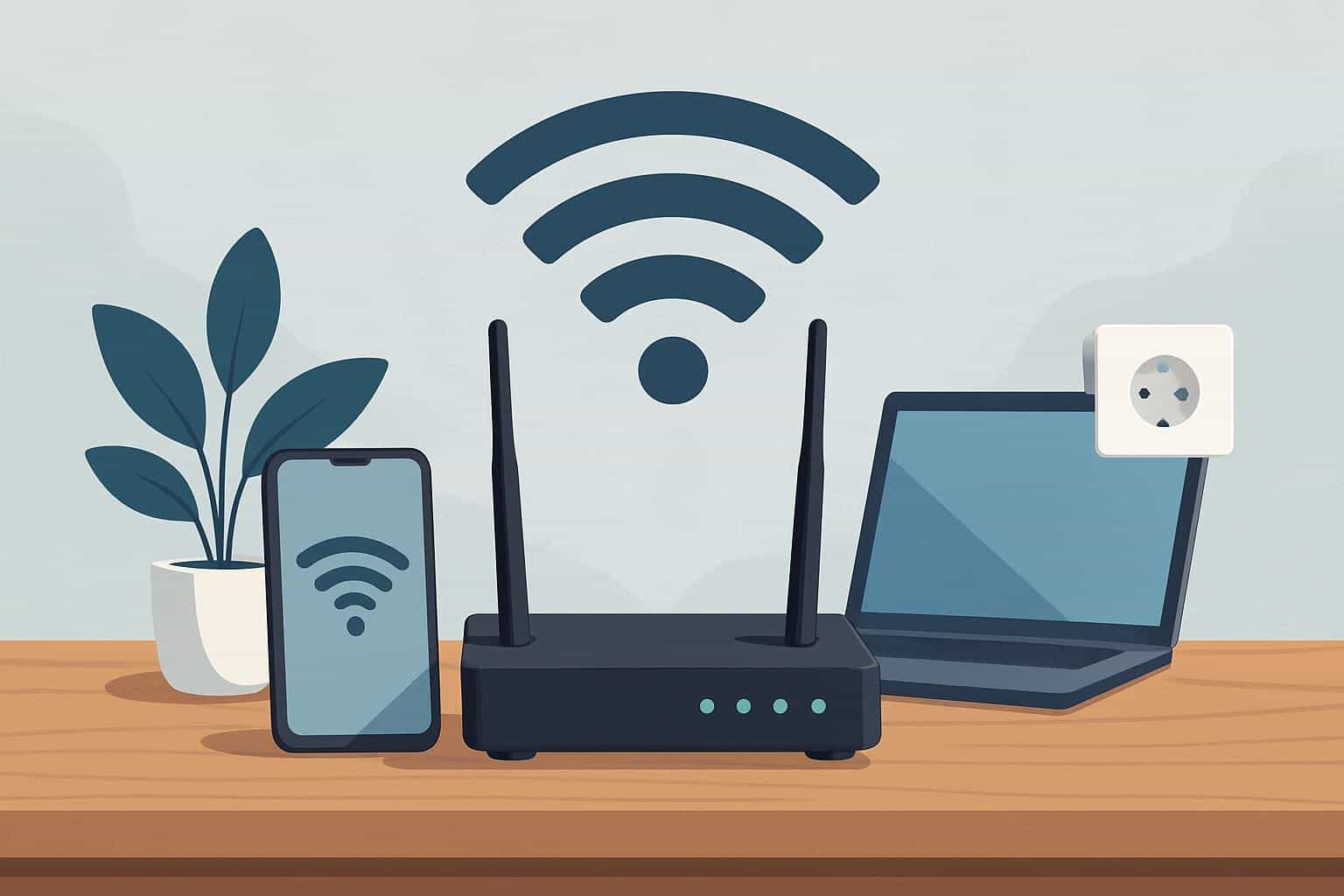 Wi‑Fi router beside a smartphone running a home internet speed test