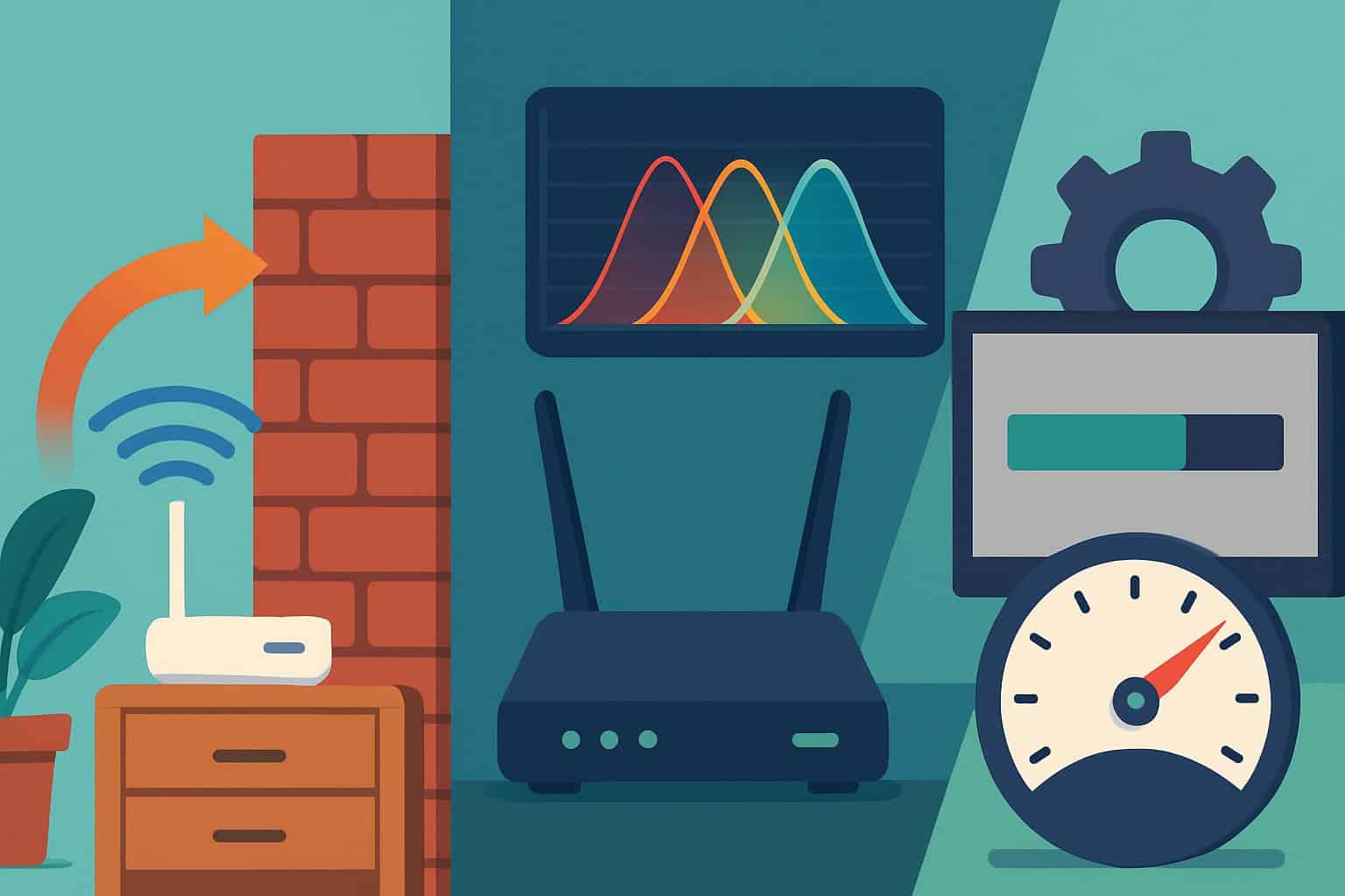Wi‑Fi router with checklist and speed gauge for three home Wi‑Fi checks