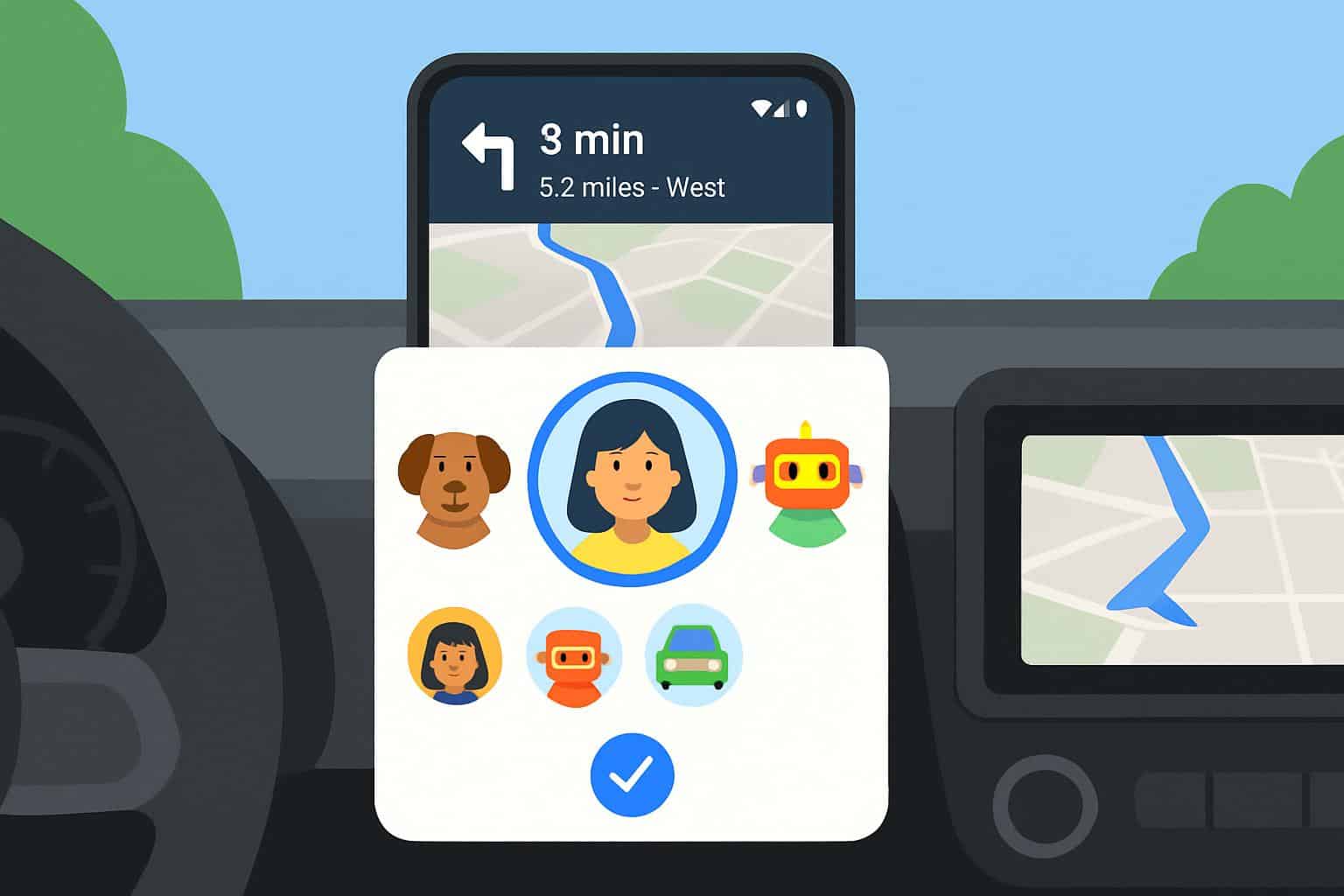 Google Maps trial screen to select navigation avatar before driving