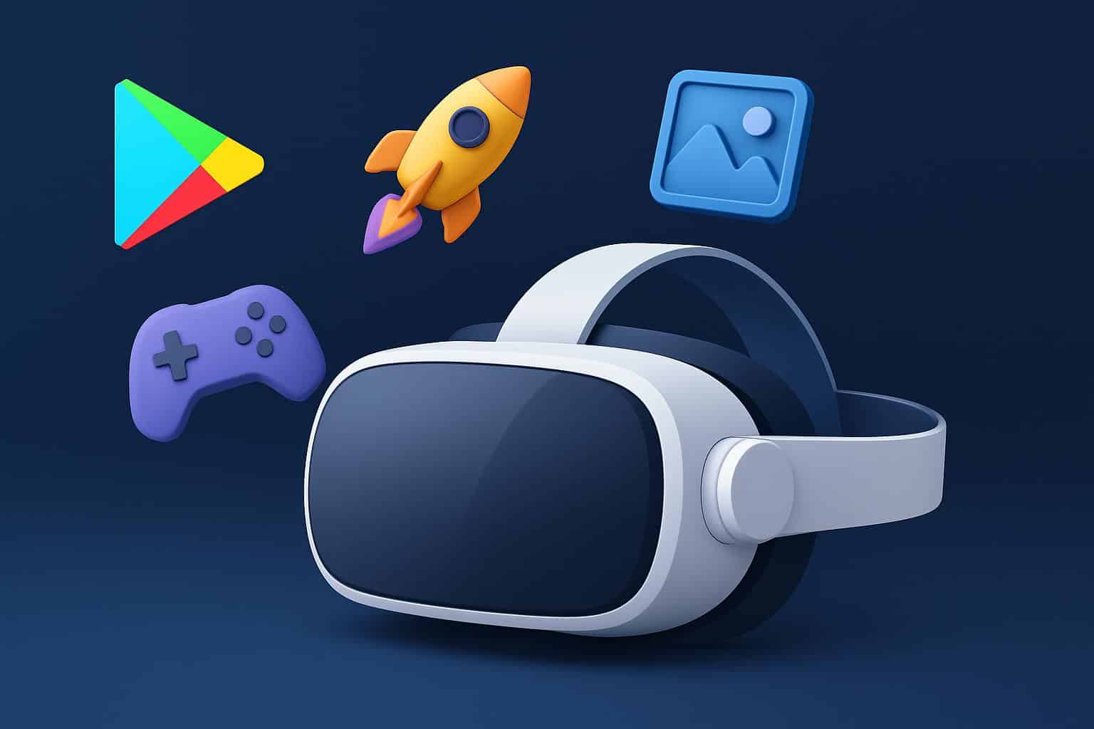Google Play logo beside Android XR headset and app icons for XR apps and games