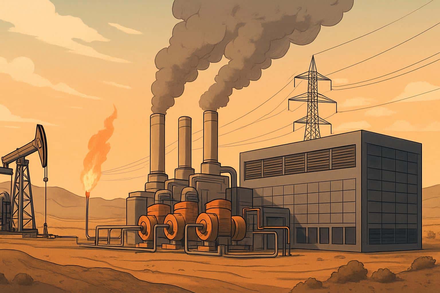 Texas pumpjack beside data center, fracked gas fueling AI expansion