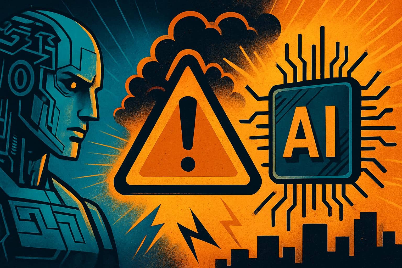 Silicon Valley tech symbols collide with AI safety advocacy icons