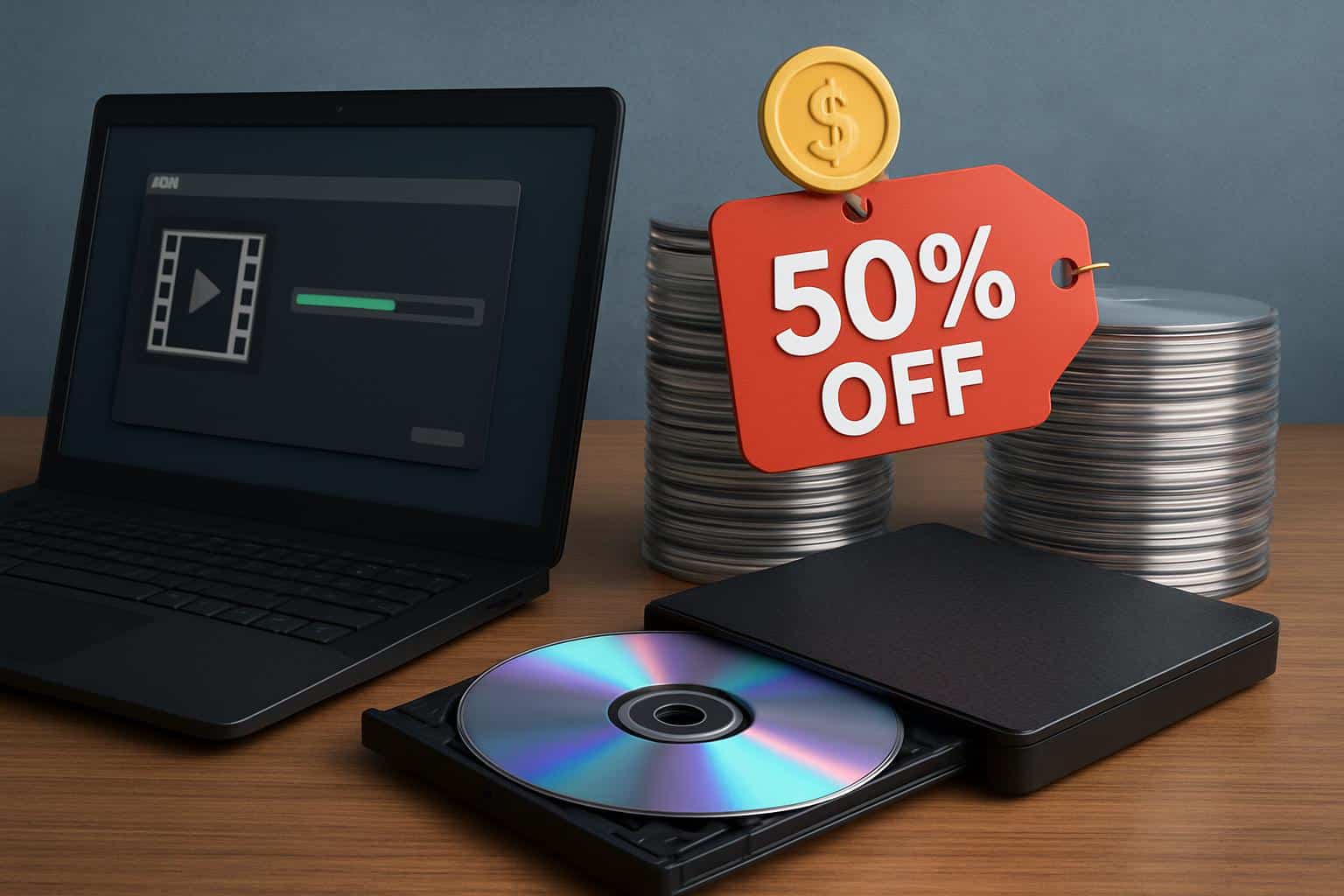 DVD ripping software 50% off sale banner with disc and speed icon