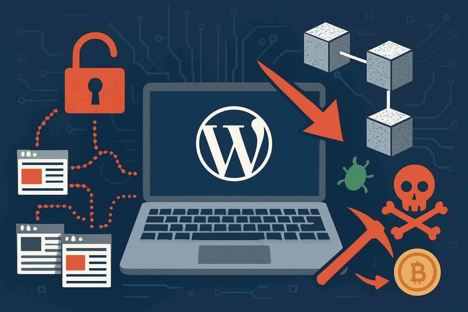 WordPress logo with alert symbols, showing malware campaign compromising 14,000+ WordPress sites
