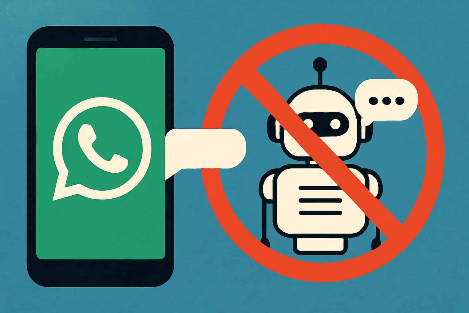 WhatsApp logo with blocked chatbot icon, indicating no chatbots on WhatsApp