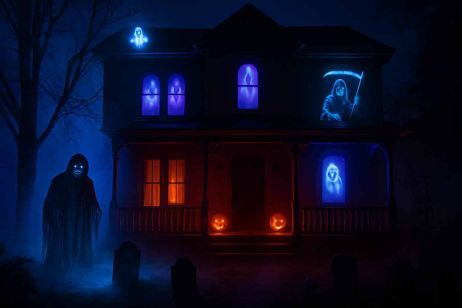 Immersive high-tech Halloween yard display with projection mapping and smart lights