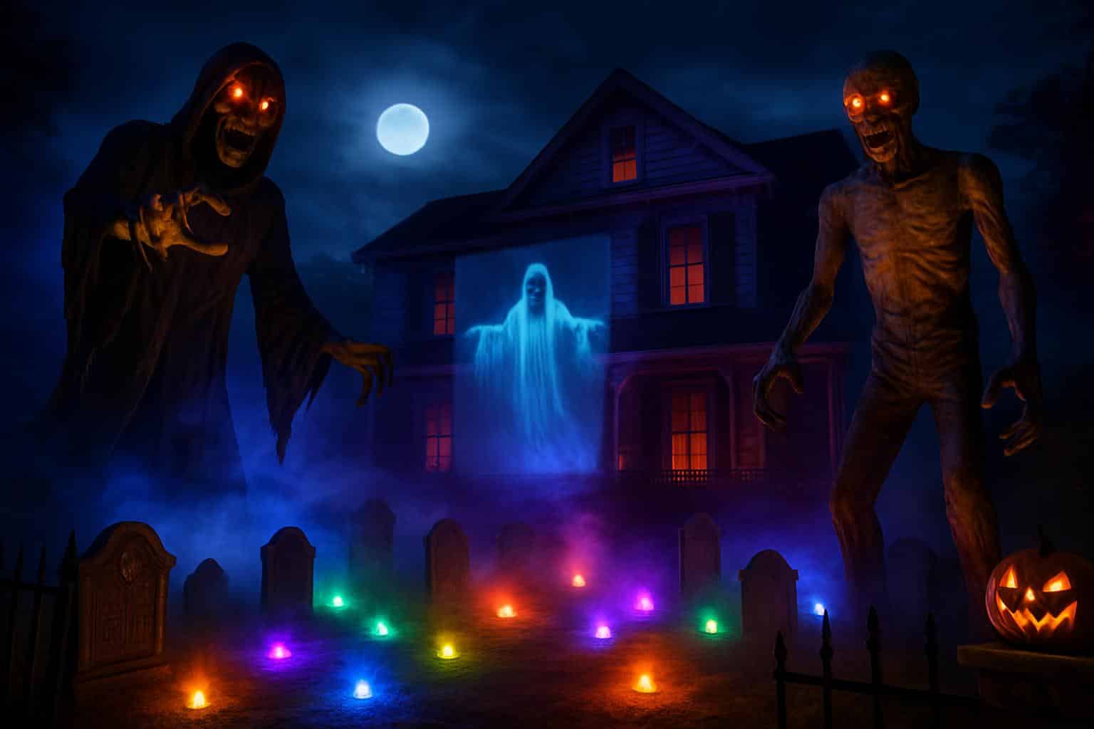 High-tech, large-scale immersive Halloween decor with projection mapping and animatronics