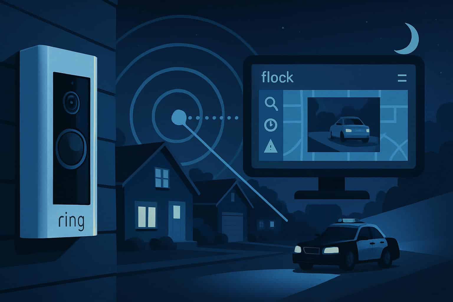 Ring doorbell with police request symbol alongside Flock Safety license plate camera