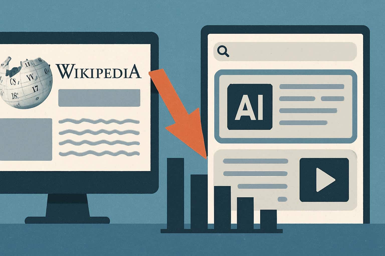 Wikipedia traffic down; logo with downward trend as AI summaries and social video rise