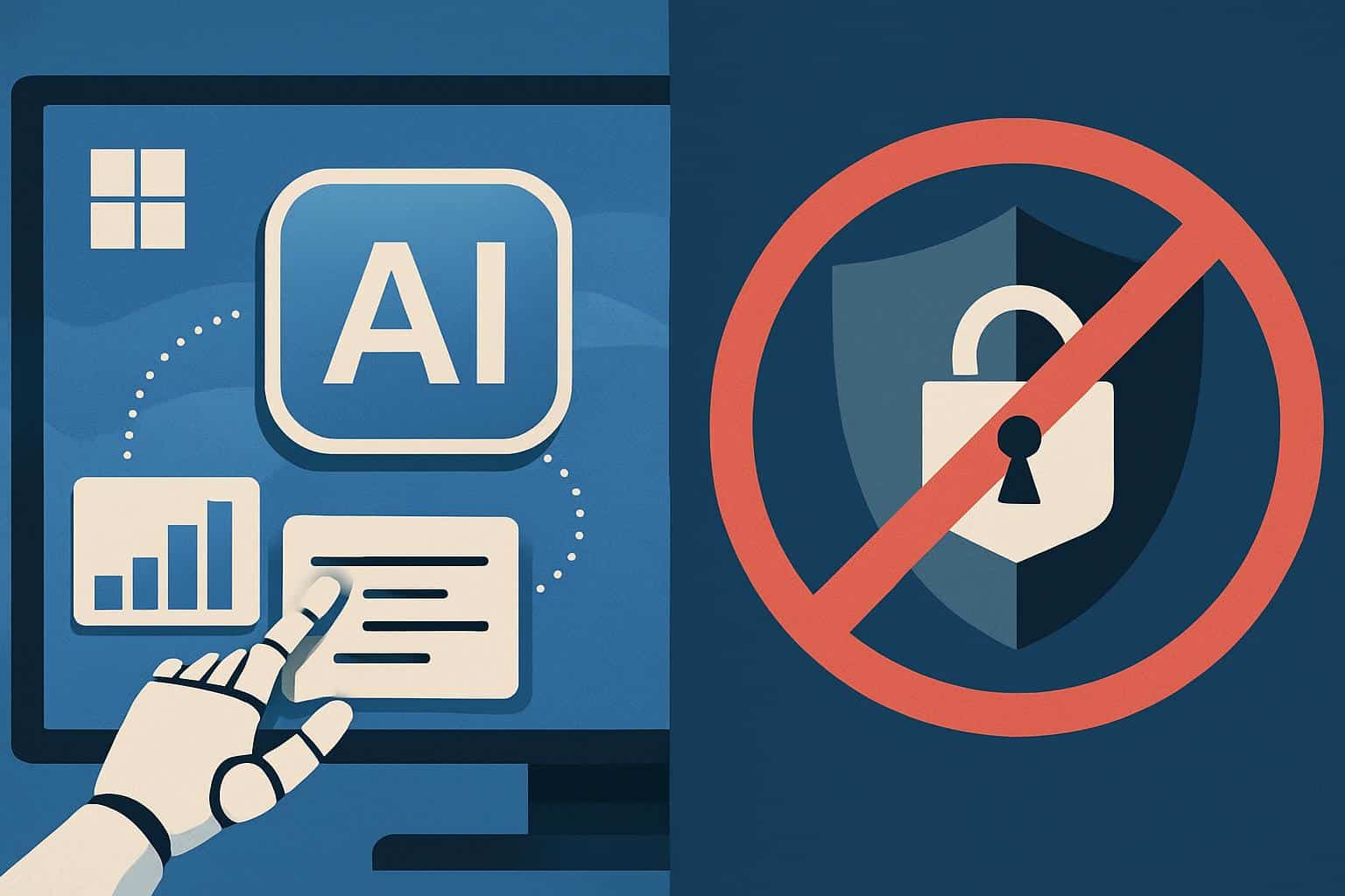 Windows 11 desktop showing AI agents with trust, privacy, and security warning shield