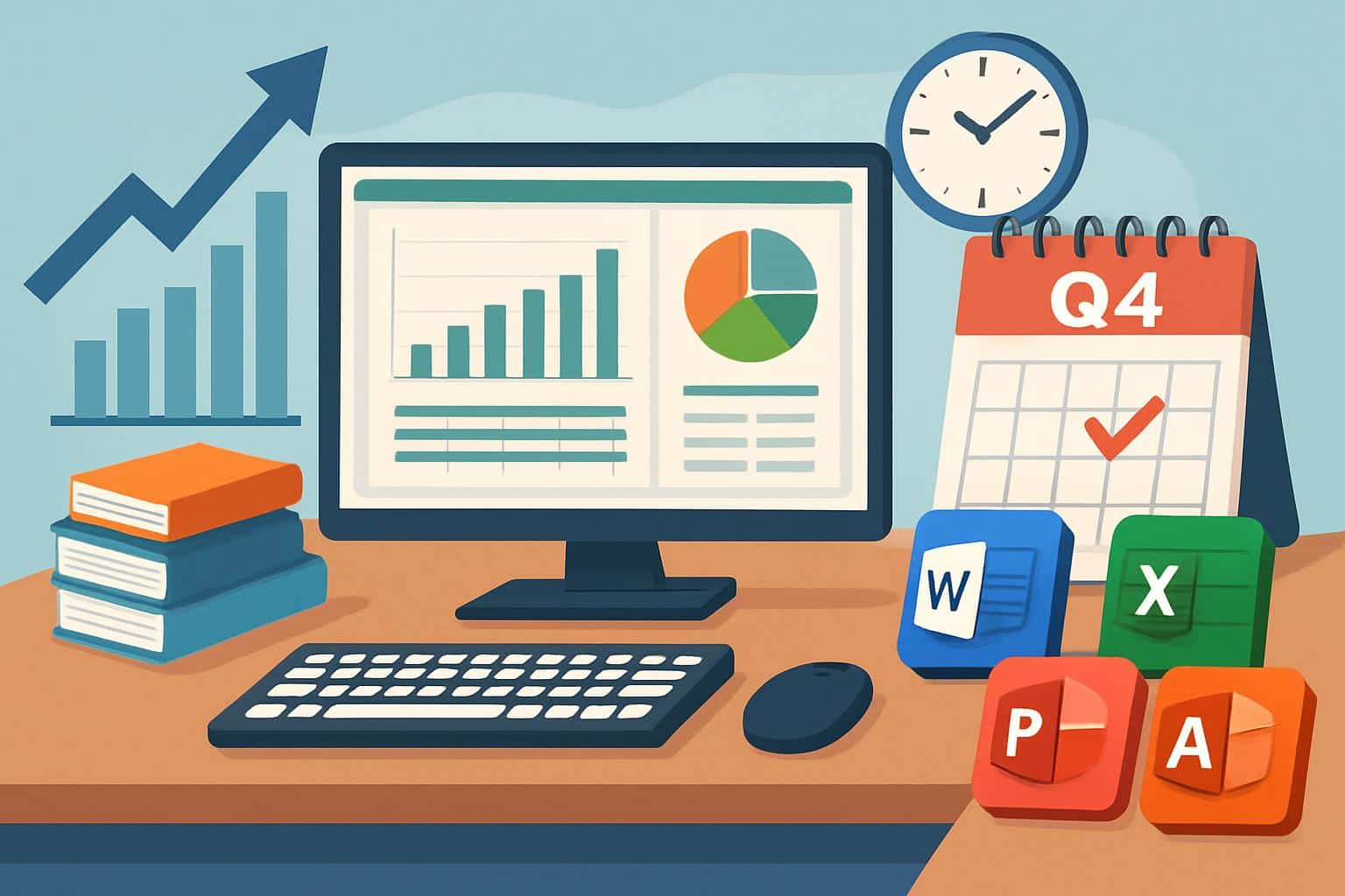 Microsoft Office 2021 deal with Office icons and upward Q4 productivity chart