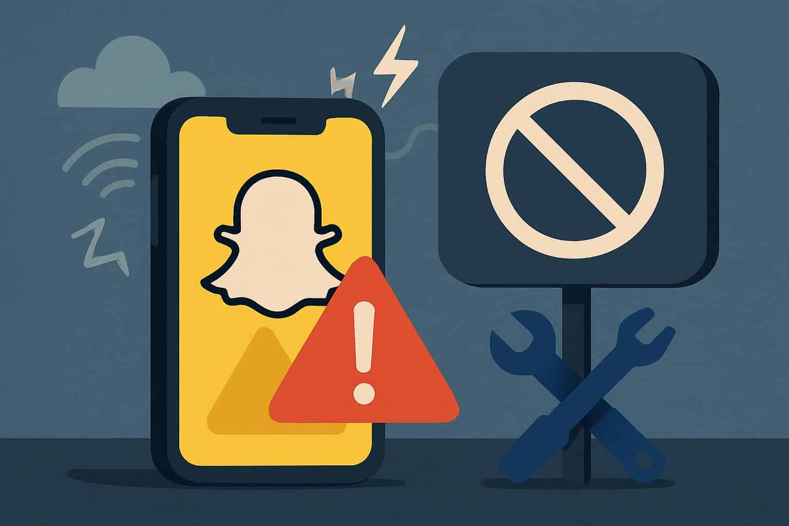 Snapchat not working on smartphone, error screen with Wi‑Fi and settings icons for fixes