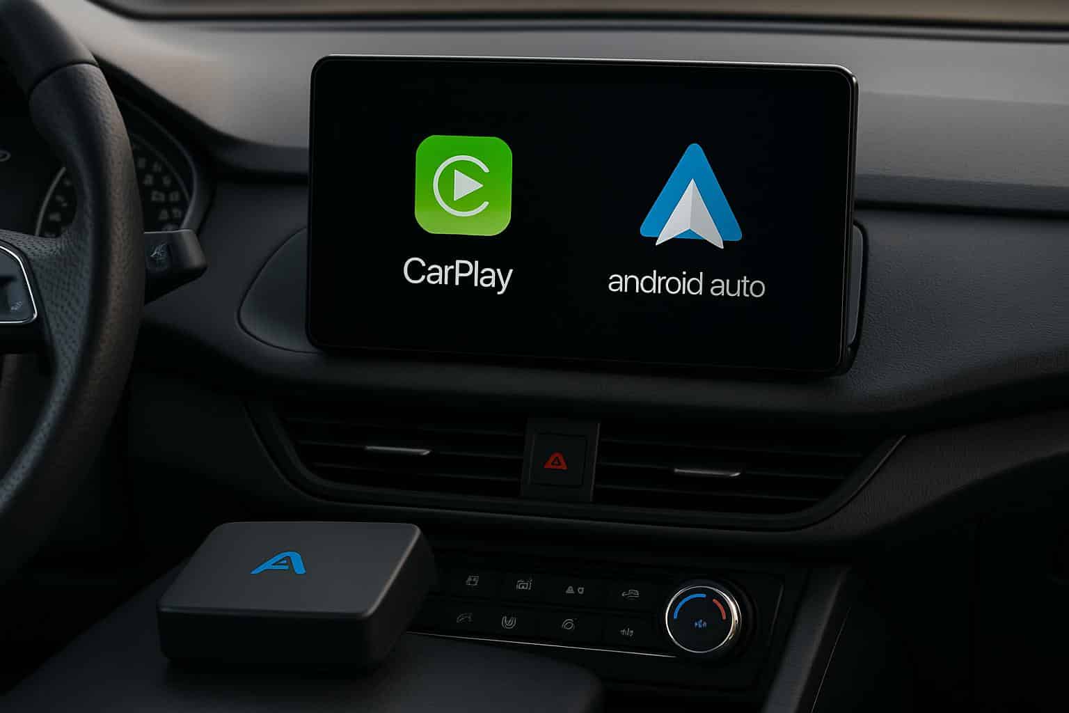 AAWireless Two Plus wireless adapter with Apple CarPlay on a car dashboard display