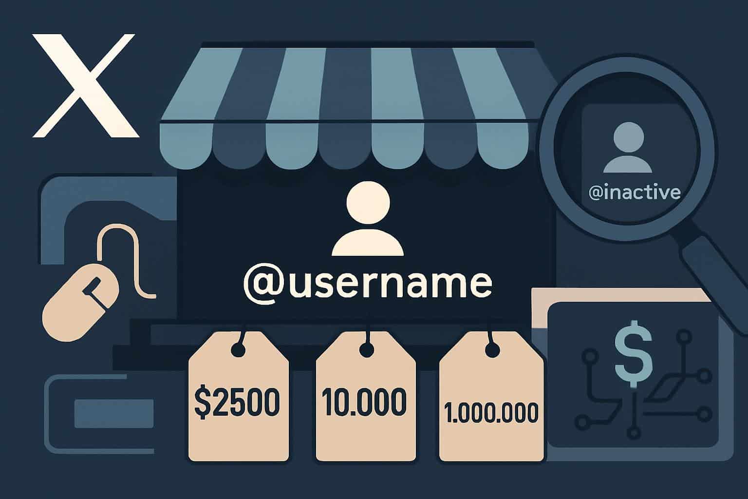 X (Twitter) logo with @handles on price tags, marketplace for rare inactive usernames