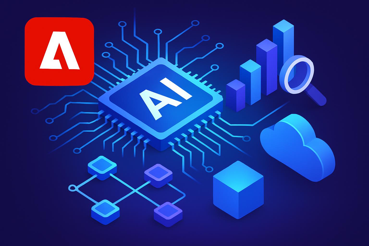 Adobe logo with generative AI visuals for custom enterprise models