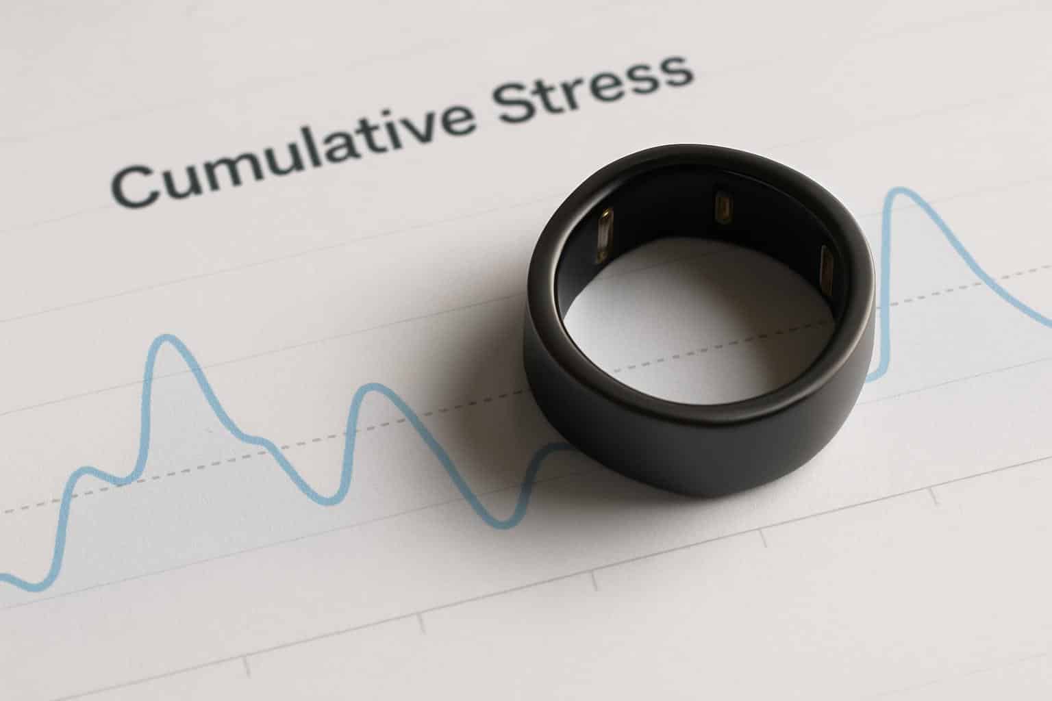 Oura Ring app dashboard highlighting cumulative stress metric on phone screen