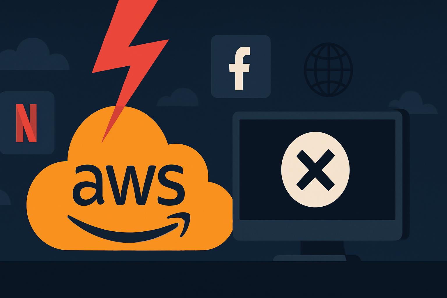 Amazon Web Services outage with cloud logo, warning triangle, and services offline