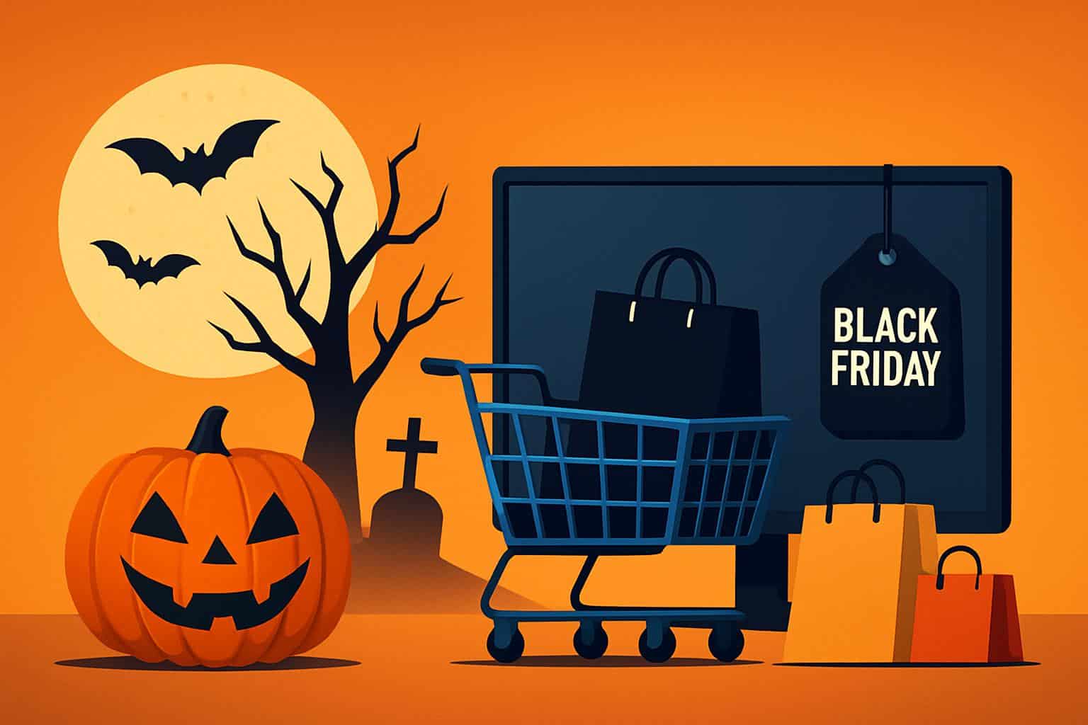 Best Buy storefront with Black Friday sale banners and Halloween decorations
