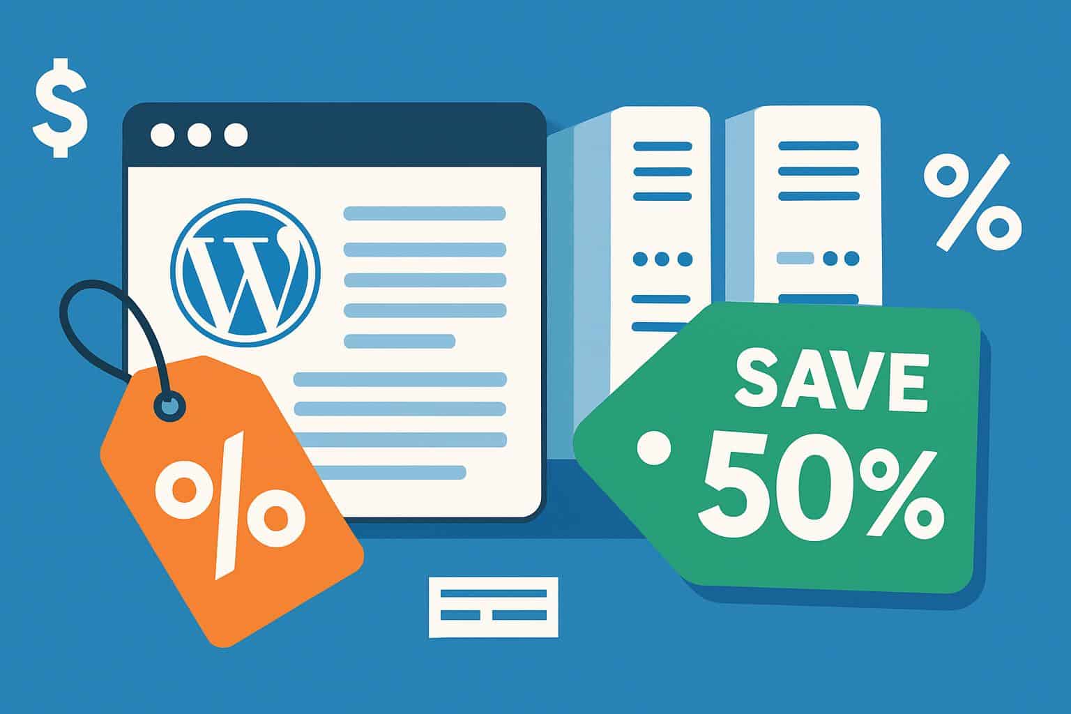 Web hosting deals banner with 50% or more off hosting plans, servers, and domains