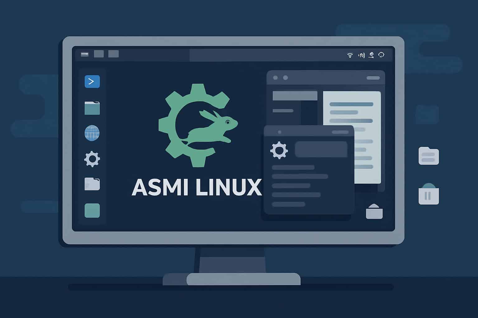 Asmi Linux logo with gears and lightning for fast performance and flexible setup
