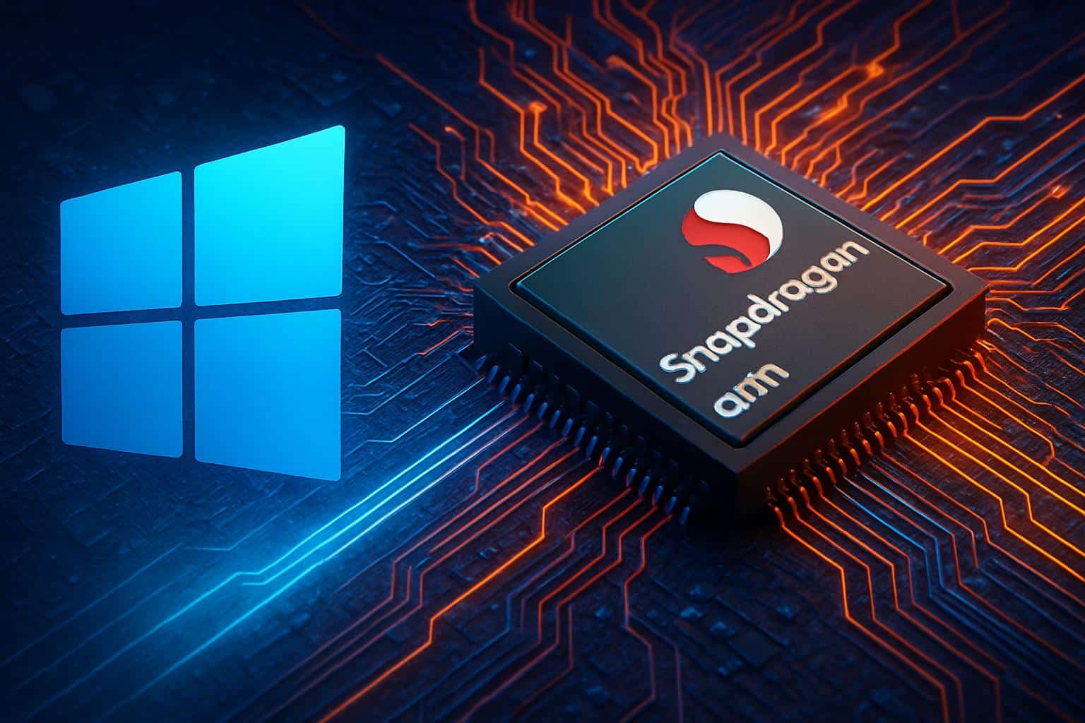Windows on Arm mature performance platform concept with Arm chip and Windows logo