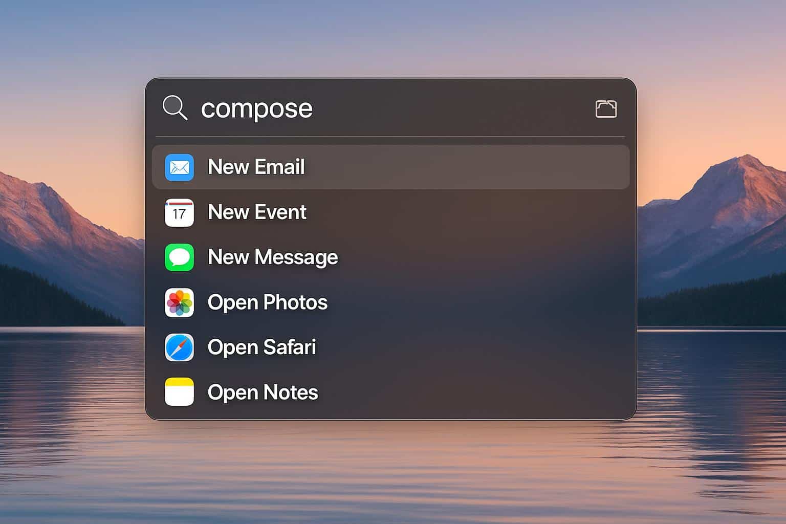 macOS Tahoe Spotlight Actions showing six favorites with custom setup