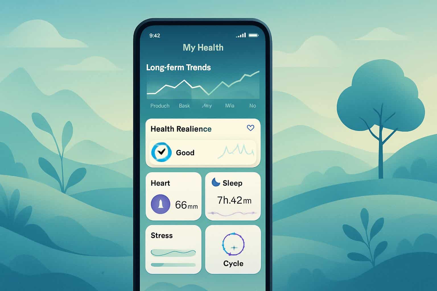Redesigned Oura Ring app UI showing long-term health trend charts on a smartphone screen