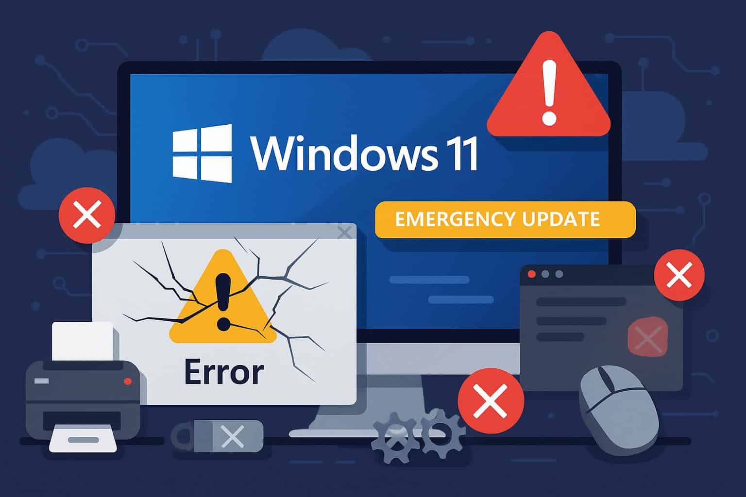 Windows 11 laptop with warning symbol as Microsoft prepares emergency fix