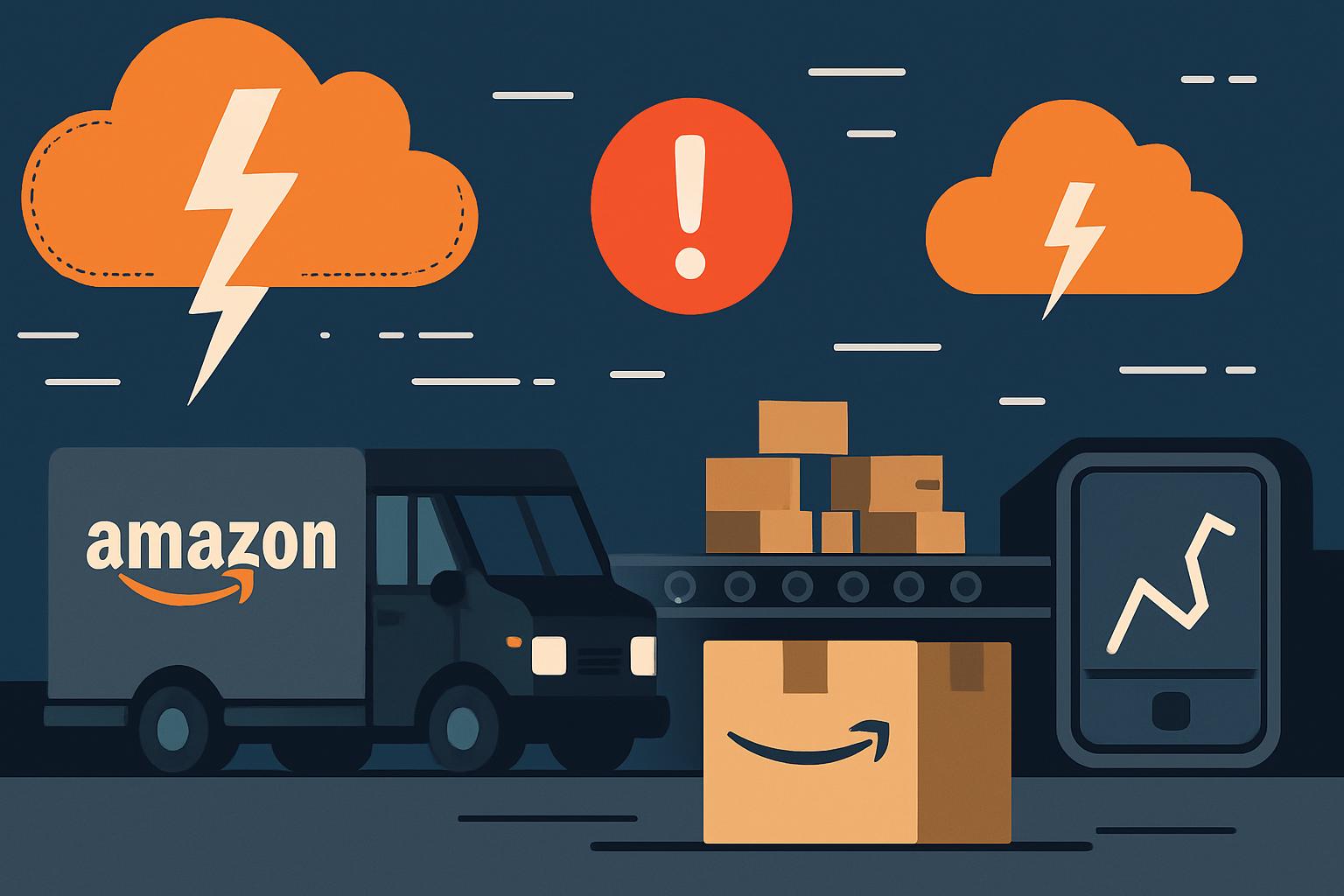 Amazon delivery van and packages with AWS cloud outage warning symbol